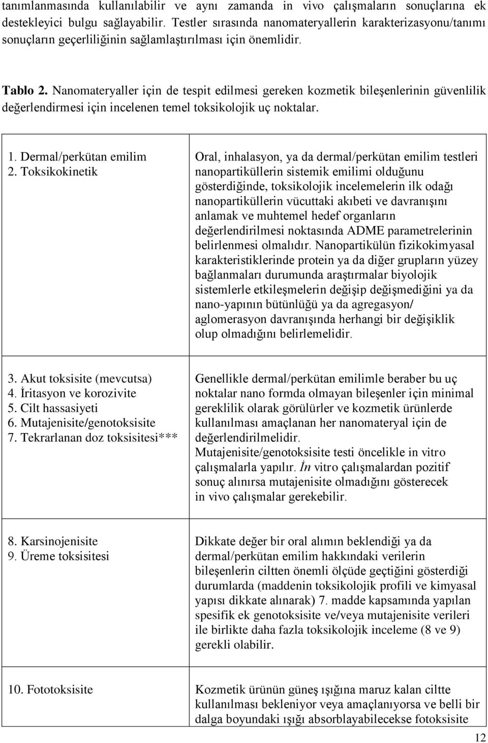 Nanomateryaller için de tespit edilmesi gereken kozmetik bileşenlerinin güvenlilik değerlendirmesi için incelenen temel toksikolojik uç noktalar. 1. Dermal/perkütan emilim 2.