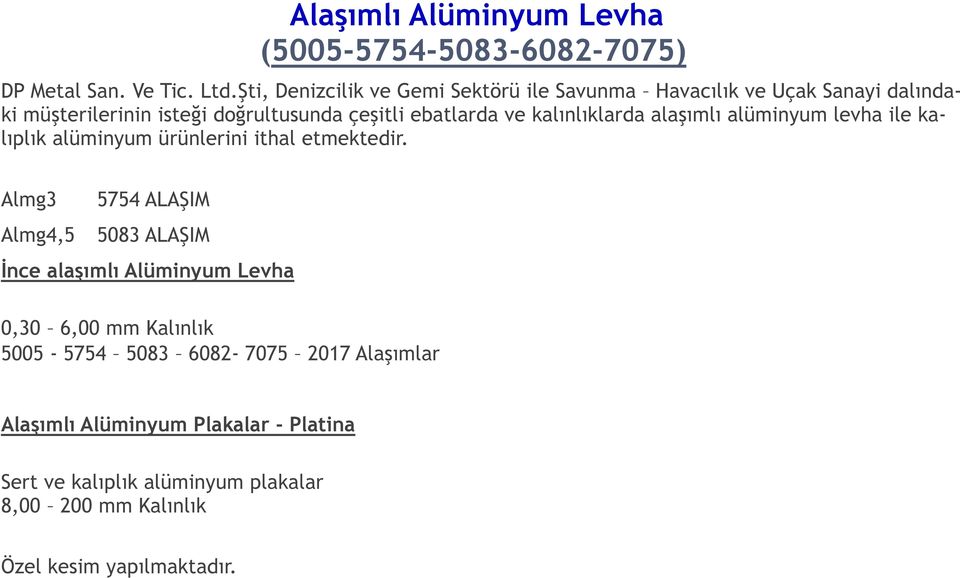 kalınlıklarda alaşımlı alüminyum levha ile kalıplık alüminyum ürünlerini ithal etmektedir.