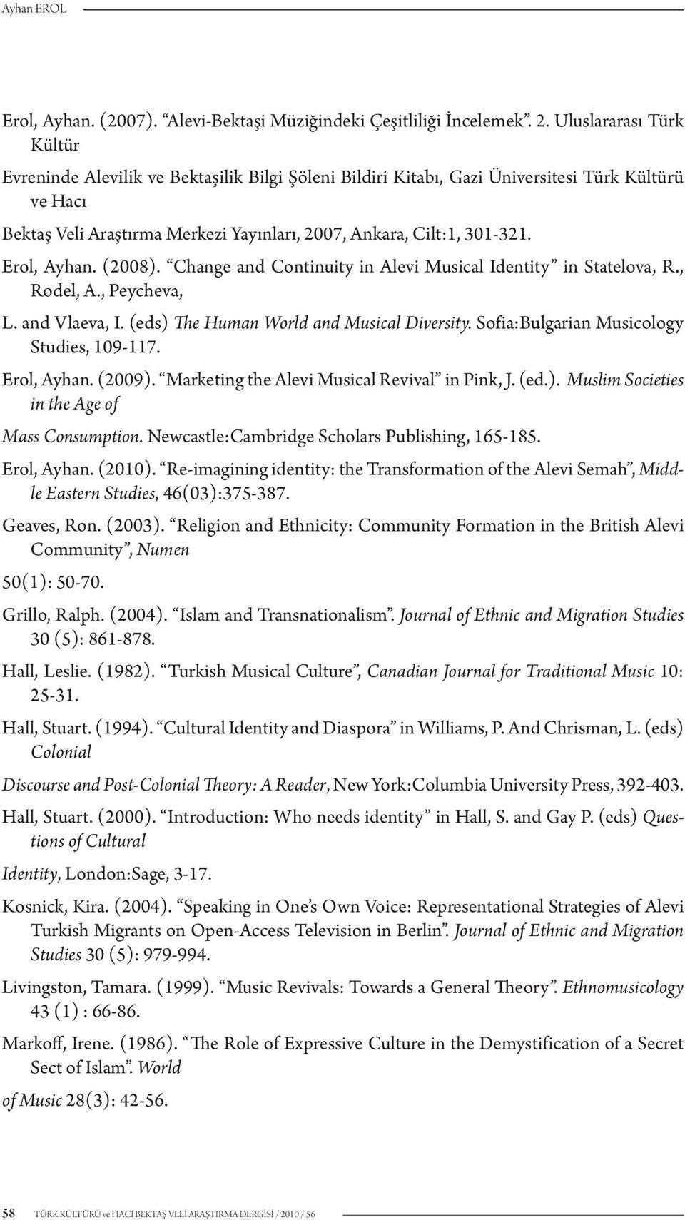 Erol, Ayhan. (2008). Change and Continuity in Alevi Musical Identity in Statelova, R., Rodel, A., Peycheva, L. and Vlaeva, I. (eds) The Human World and Musical Diversity.