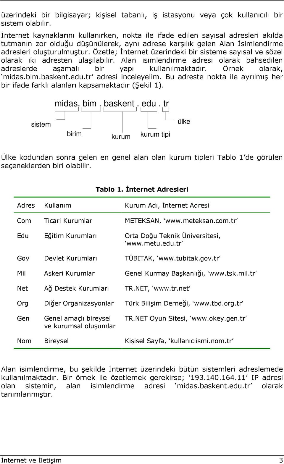 Özetle; İnternet üzerindeki bir sisteme sayısal ve sözel olarak iki adresten ulaşılabilir. Alan isimlendirme adresi olarak bahsedilen adreslerde aşamalı bir yapı kullanılmaktadır. Örnek olarak, midas.