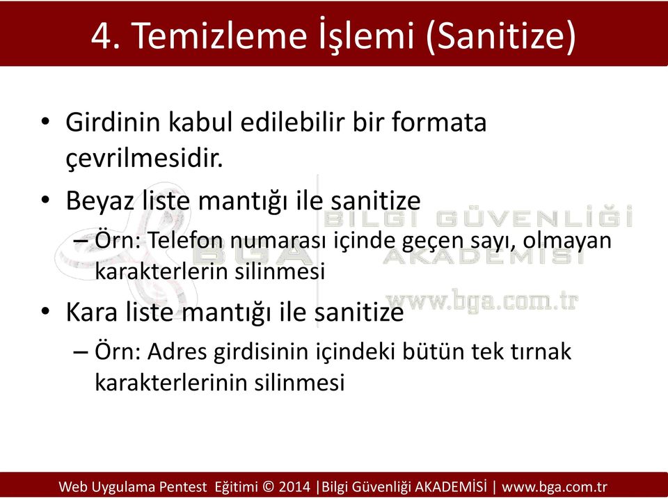 Beyaz liste mantığı ile sanitize Örn: Telefon numarası içinde geçen sayı,