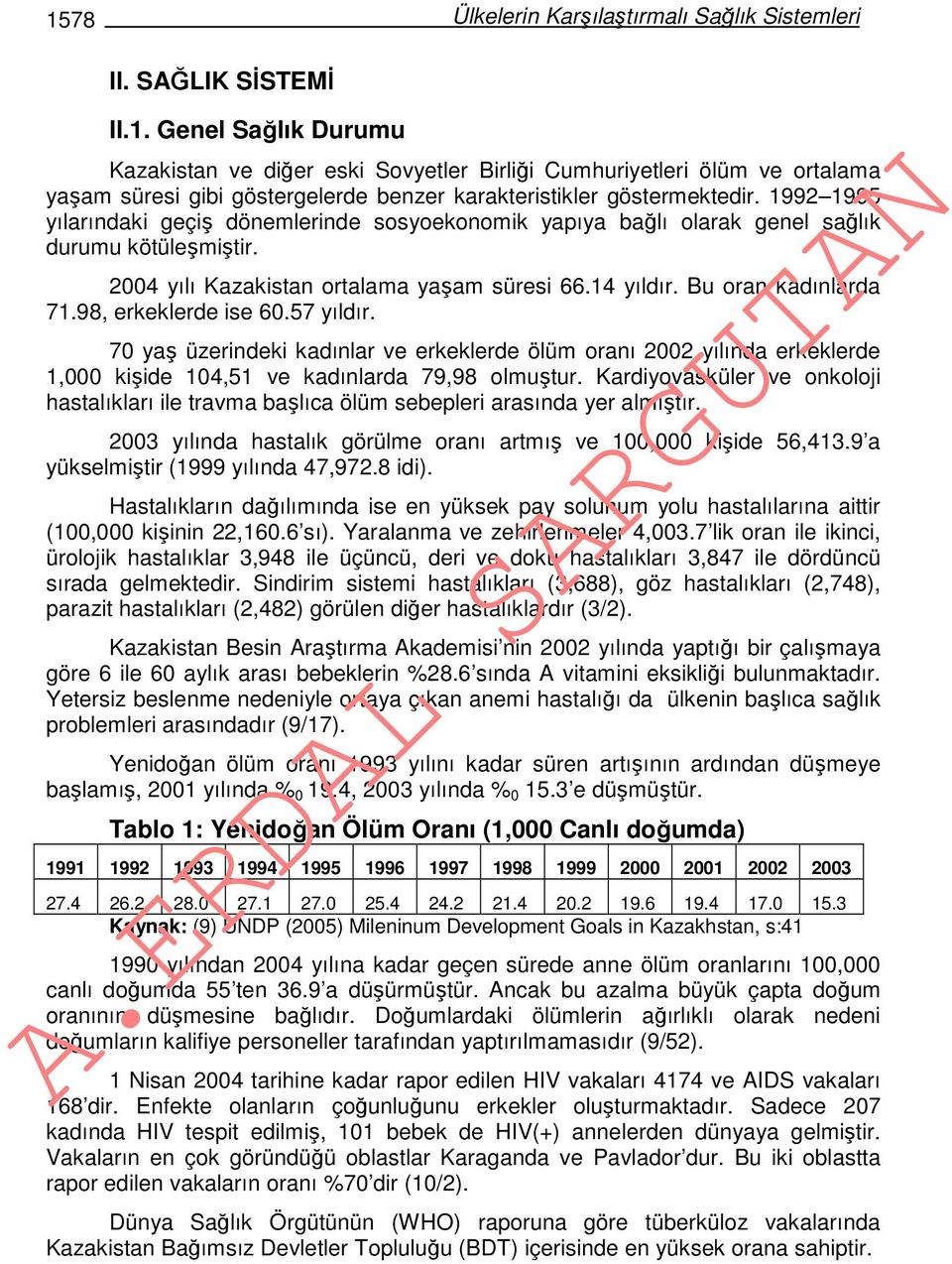 98, erkeklerde ise 60.57 yıldır. 70 yaş üzerindeki kadınlar ve erkeklerde ölüm oranı 2002 yılında erkeklerde 1,000 kişide 104,51 ve kadınlarda 79,98 olmuştur.