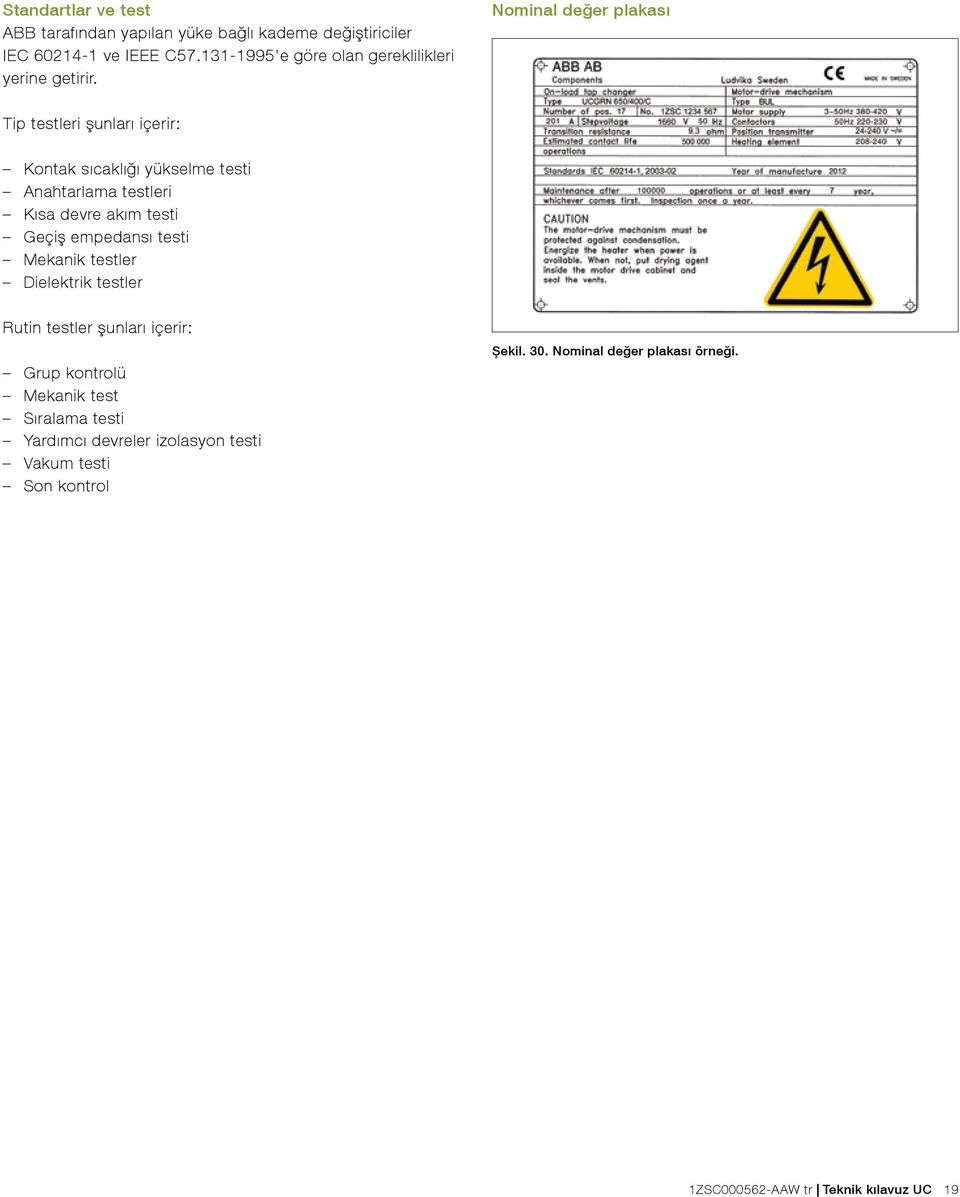 Nominal değer plakası Tip testleri şunları içerir: Kontak sıcaklığı yükselme testi Anahtarlama testleri Kısa devre akım testi Geçiş
