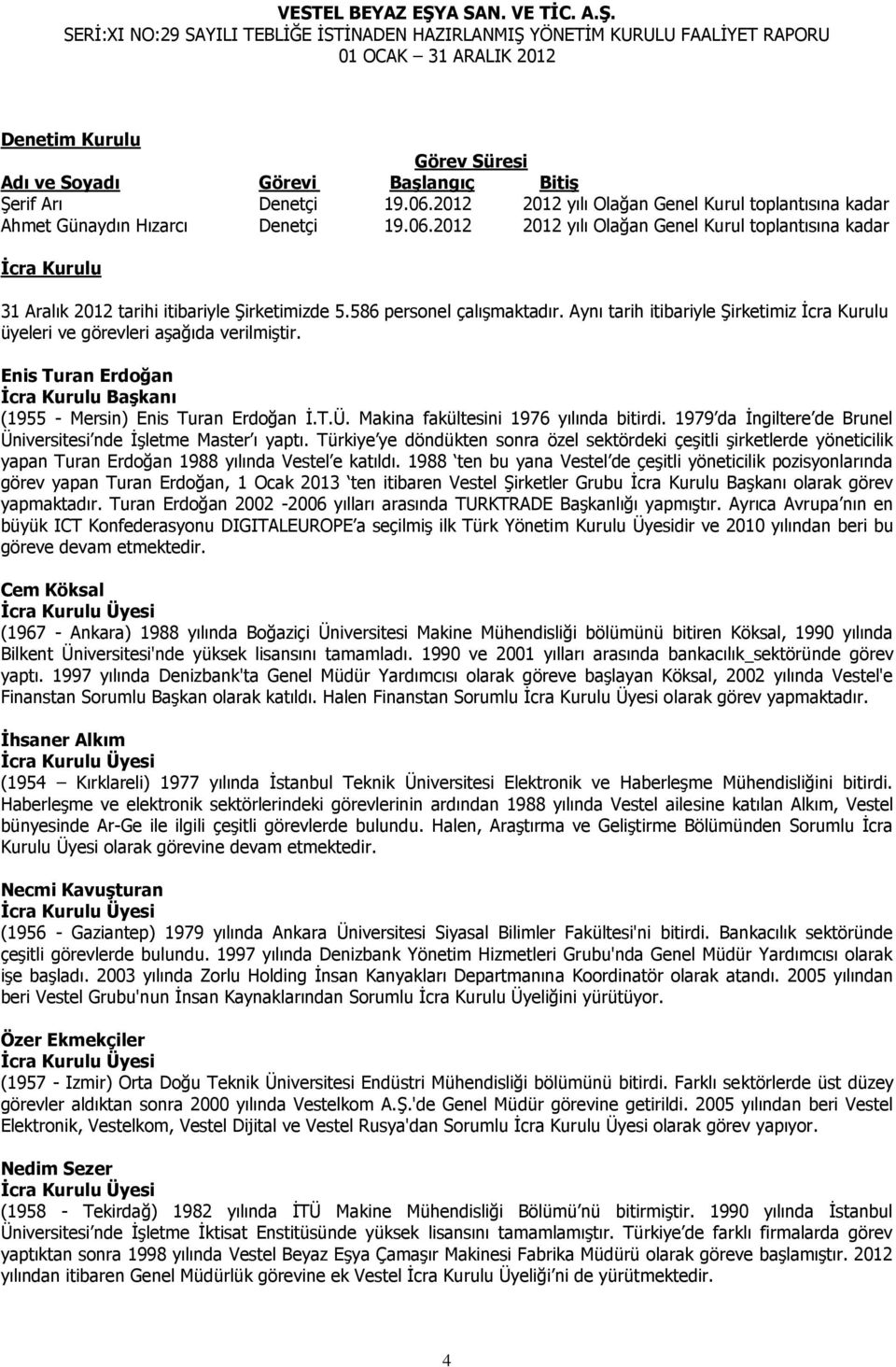 2012 2012 yılı Olağan Genel Kurul toplantısına kadar İcra Kurulu 31 Aralık 2012 tarihi itibariyle Şirketimizde 5.586 personel çalışmaktadır.