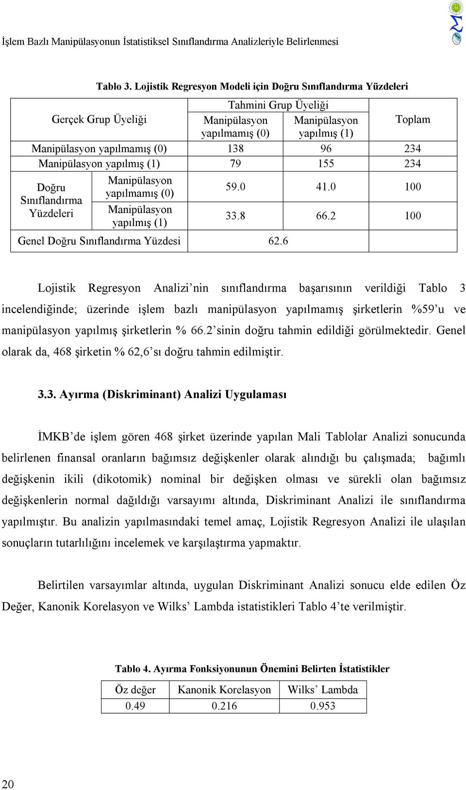 234 Manipülasyon yapılmış (1) 79 155 234 Doğru Sınıflandırma Yüzdeleri Manipülasyon yapılmamış (0) Manipülasyon yapılmış (1) Genel Doğru Sınıflandırma Yüzdesi 62.6 59.0 41.0 100 33.8 66.