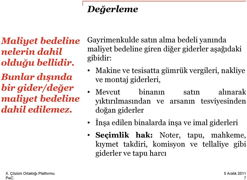 vergileri, nakliye ve montaj giderleri, Mevcut binanın satın alınarak yıktırılmasından ve arsanın tesviyesinden doğan giderler