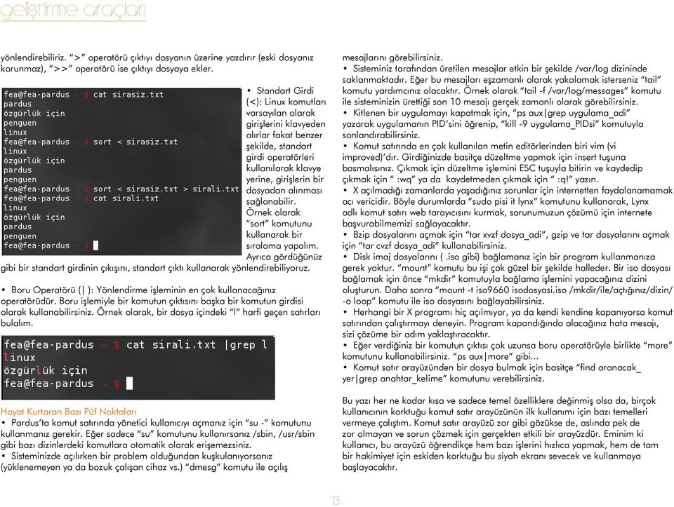 sağlanabilir. Örnek olarak sort komutunu kullanarak bir sıralama yapalım. Ayrıca gördüğünüz gibi bir standart girdinin çıkışını, standart çıktı kullanarak yönlendirebiliyoruz.