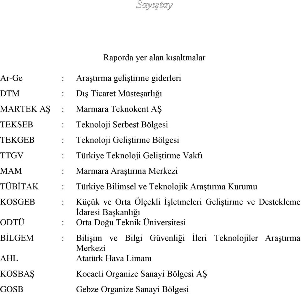 Teknolojik Araştırma Kurumu KOSGEB : Küçük ve Orta Ölçekli İşletmeleri Geliştirme ve Destekleme İdaresi Başkanlığı ODTÜ : Orta Doğu Teknik Üniversitesi BİLGEM