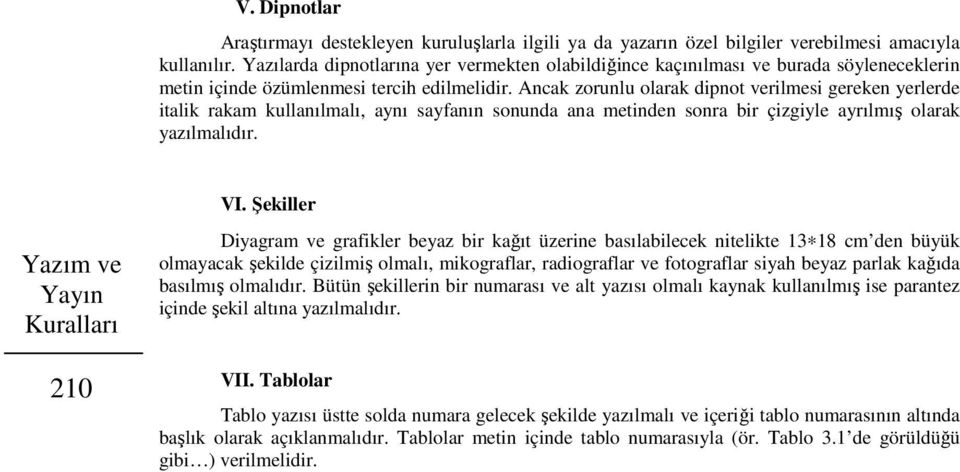 Ancak zorunlu olarak dipnot verilmesi gereken yerlerde italik rakam kullanılmalı, aynı sayfanın sonunda ana metinden sonra bir çizgiyle ayrılmış olarak yazılmalıdır. VI.