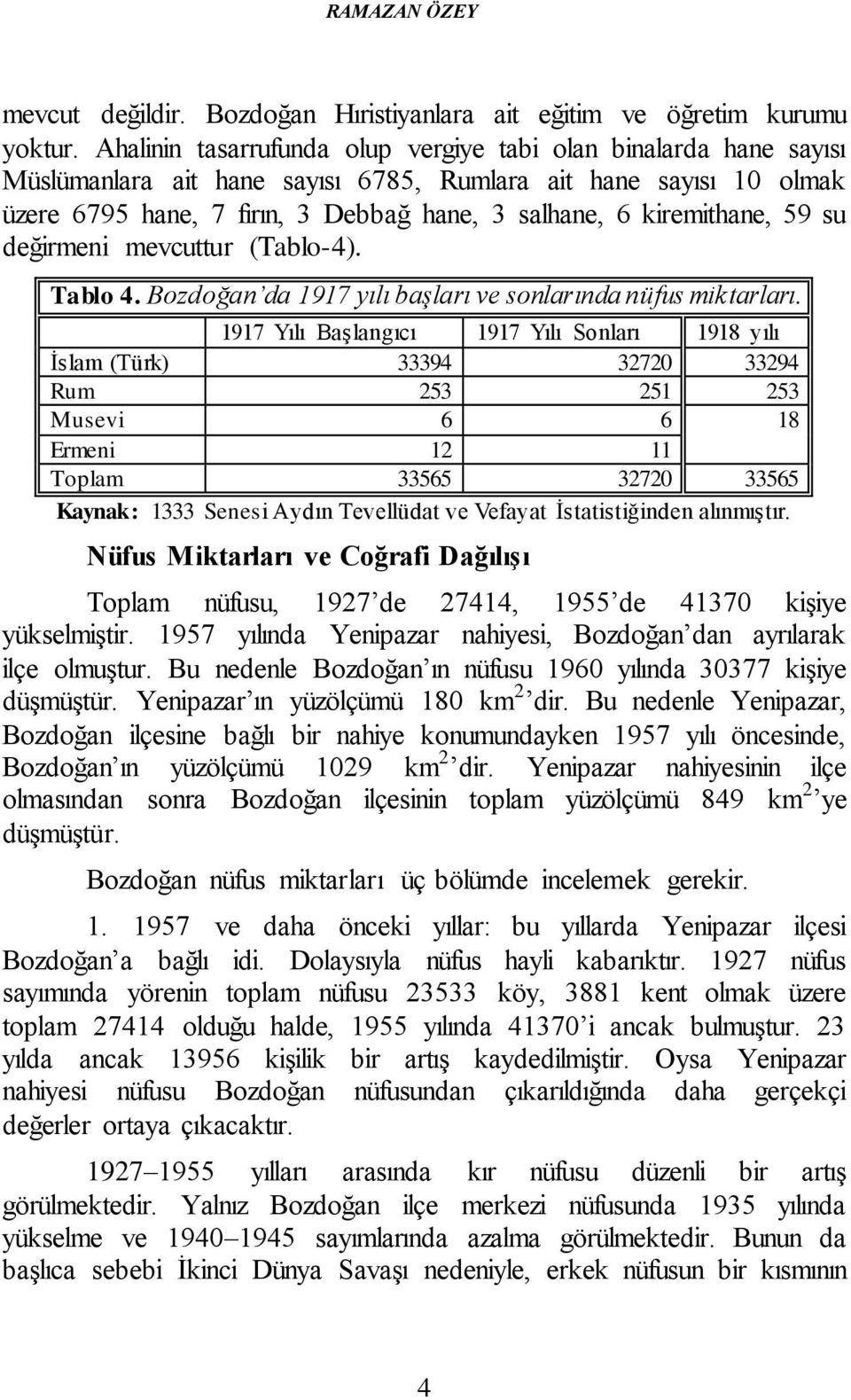 kiremithane, 59 su değirmeni mevcuttur (Tablo-4). Tablo 4. Bozdoğan da 1917 yılı başları ve sonlarında nüfus miktarları.