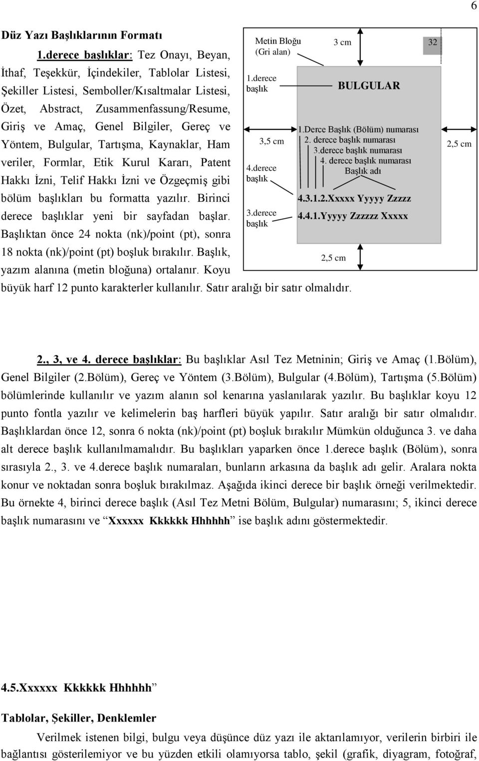 Bilgiler, Gereç ve Yöntem, Bulgular, Tartışma, Kaynaklar, Ham veriler, Formlar, Etik Kurul Kararı, Patent Hakkı İzni, Telif Hakkı İzni ve Özgeçmiş gibi bölüm başlıkları bu formatta yazılır.