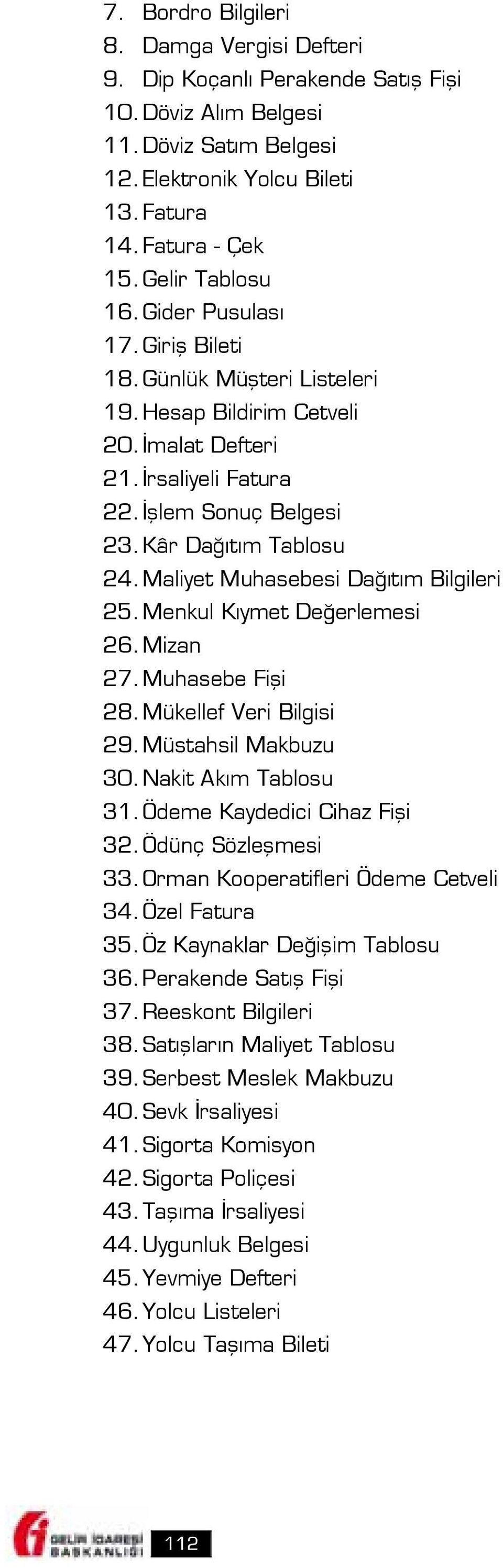 Maliyet Muhasebesi Dağıtım Bilgileri 25. Menkul Kıymet Değerlemesi 26. Mizan 27. Muhasebe Fişi 28. Mükellef Veri Bilgisi 29. Müstahsil Makbuzu 30. Nakit Akım Tablosu 31. Ödeme Kaydedici Cihaz Fişi 32.