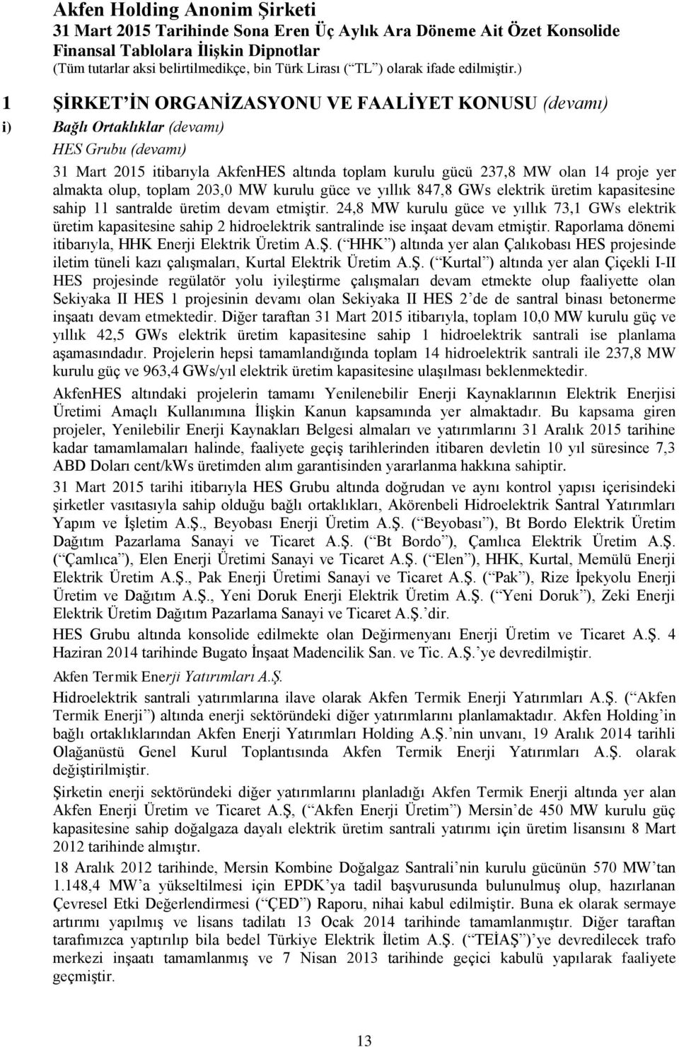 24,8 MW kurulu güce ve yıllık 73,1 GWs elektrik üretim kapasitesine sahip 2 hidroelektrik santralinde ise inşaat devam etmiştir. Raporlama dönemi itibarıyla, HHK Enerji Elektrik Üretim A.Ş.