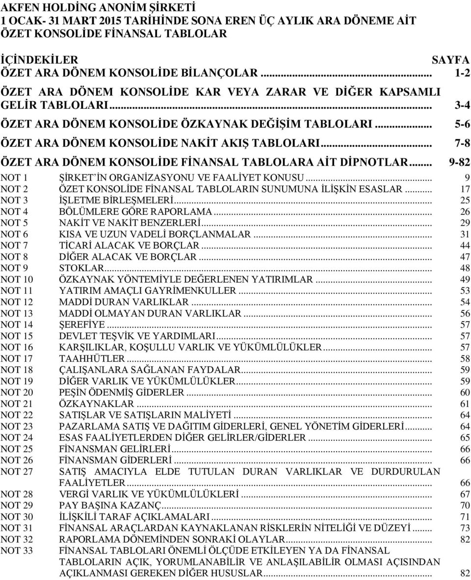 .. 7-8 ÖZET ARA DÖNEM KONSOLİDE FİNANSAL TABLOLARA AİT DİPNOTLAR... 9-82 NOT 1 ŞİRKET İN ORGANİZASYONU VE FAALİYET KONUSU... 9 NOT 2 ÖZET KONSOLİDE FİNANSAL TABLOLARIN SUNUMUNA İLİŞKİN ESASLAR.