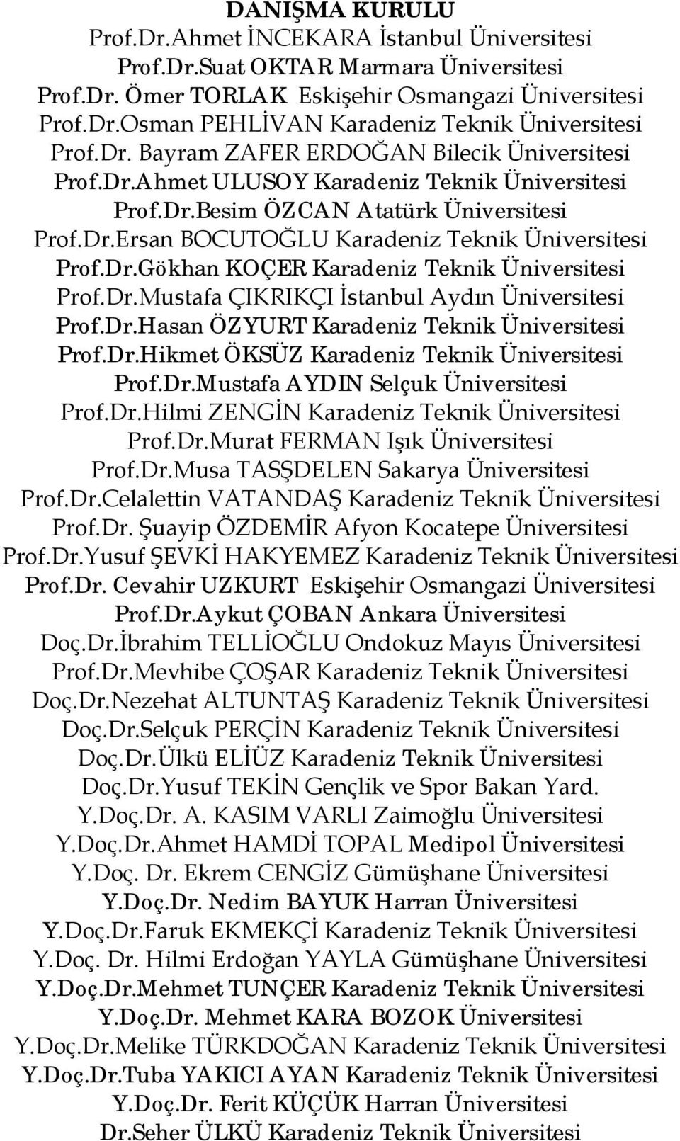 Dr.Mustafa ÇIKRIKÇI İstanbul Aydın Üniversitesi Prof.Dr.Hasan ÖZYURT Karadeniz Teknik Üniversitesi Prof.Dr.Hikmet ÖKSÜZ Karadeniz Teknik Üniversitesi Prof.Dr.Mustafa AYDIN Selçuk Üniversitesi Prof.Dr.Hilmi ZENGİN Karadeniz Teknik Üniversitesi Prof.