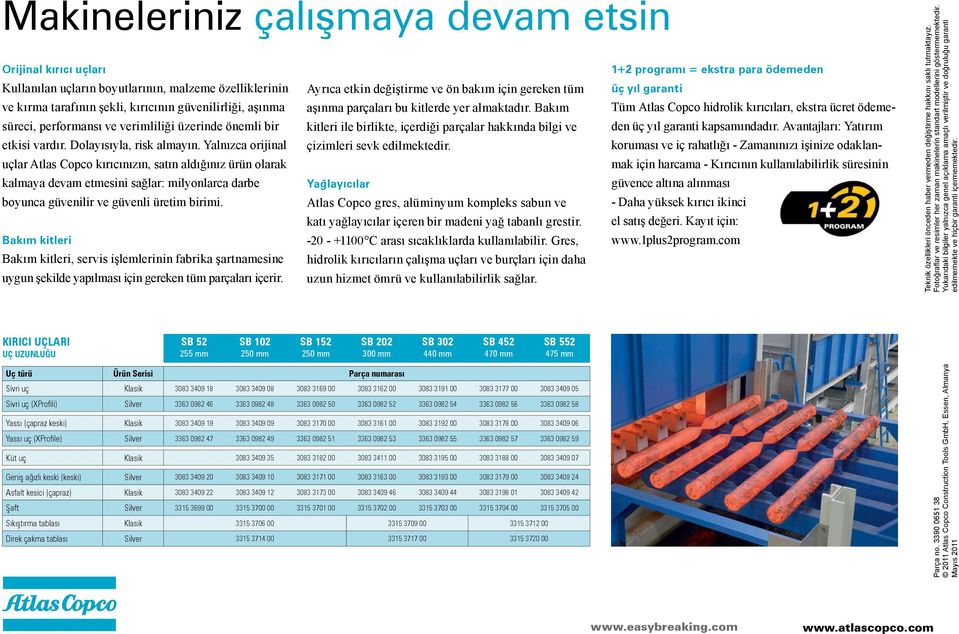 Yalnızca orijinal uçlar Atlas Copco kırıcınızın, satın aldığınız ürün olarak kalmaya devam etmesini sağlar: milyonlarca darbe boyunca güvenilir ve güvenli üretim birimi.