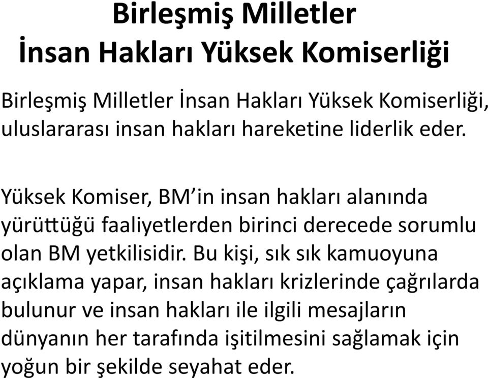 Yu ksek Komiser, BM in insan hakları alanında yu ru ttu ğu faaliyetlerden birinci derecede sorumlu olan BM yetkilisidir.