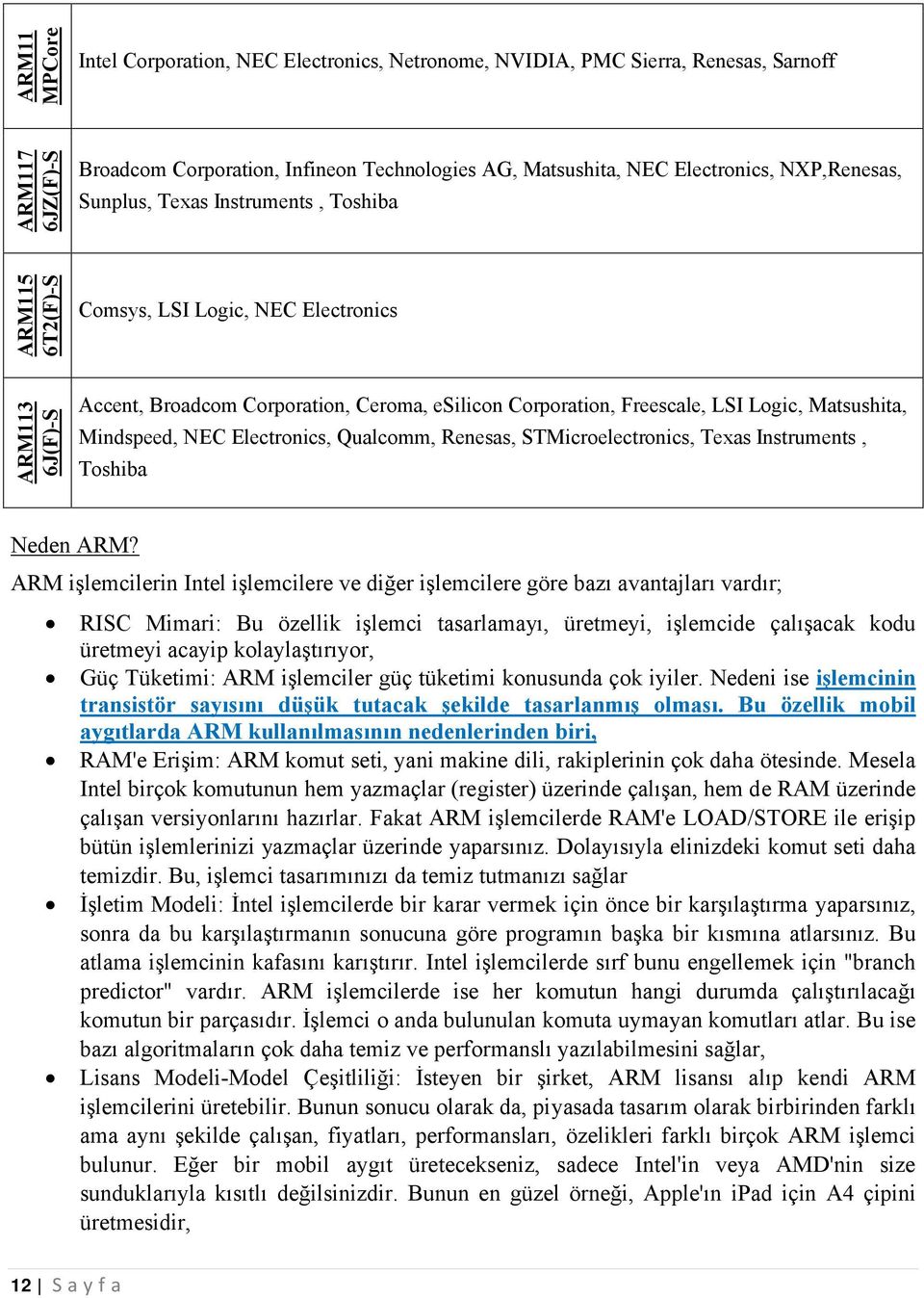 Matsushita, Mindspeed, NEC Electronics, Qualcomm, Renesas, STMicroelectronics, Texas Instruments, Toshiba Neden ARM?