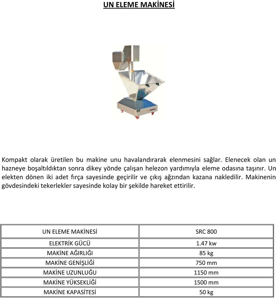 Un elekten dönen iki adet fırça sayesinde geçirilir ve çıkış ağzından kazana nakledilir.