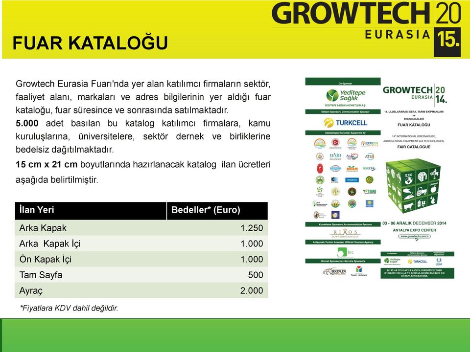 000 adet basılan bu katalog katılımcı firmalara, kamu kuruluşlarına, üniversitelere, sektör dernek ve birliklerine bedelsiz