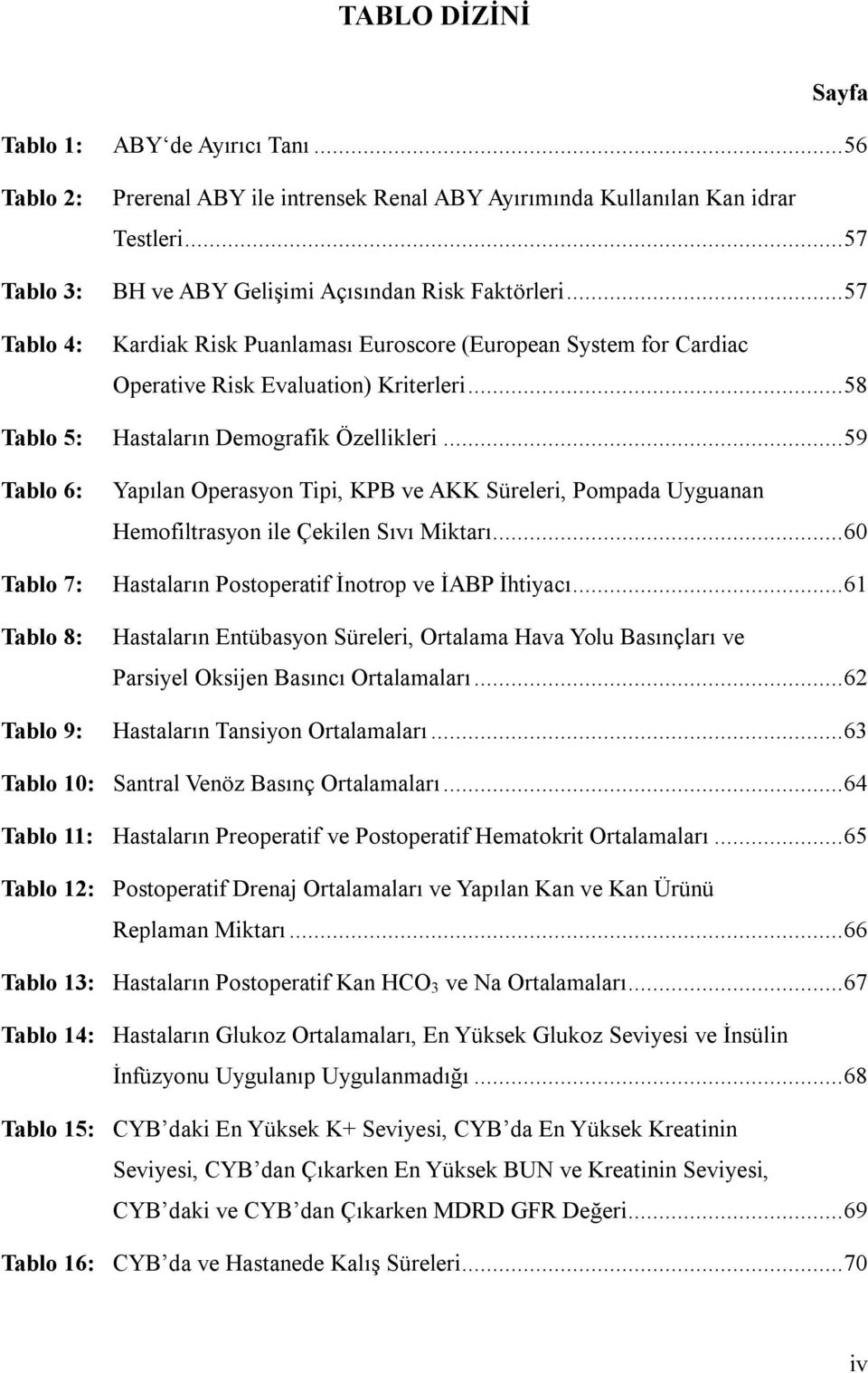 .. 59 Tablo 6: Yapılan Operasyon Tipi, KPB ve AKK Süreleri, Pompada Uyguanan Hemofiltrasyon ile Çekilen Sıvı Miktarı... 60 Tablo 7: Hastaların Postoperatif İnotrop ve İABP İhtiyacı.