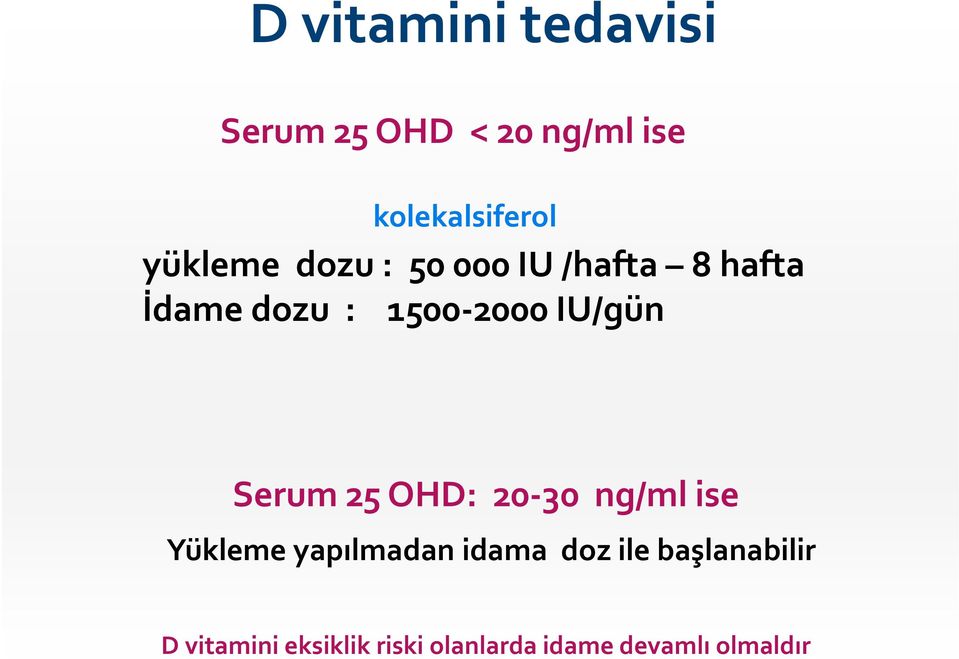 IU/gün Serum 25 OHD: 20 30 ng/ml ise Yükleme yapılmadan idama doz