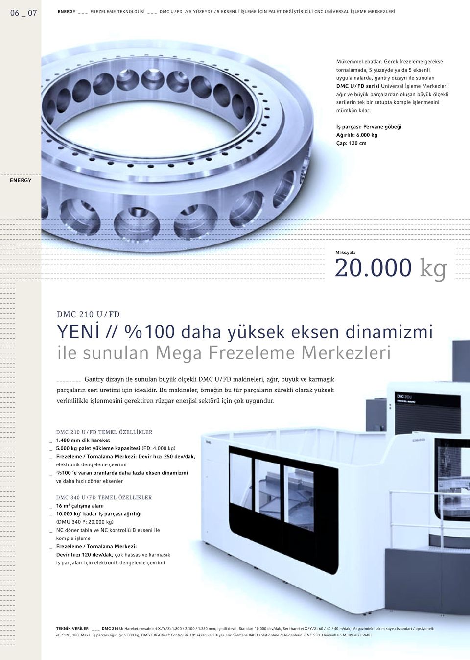 işlenmesini mümkün kılar. İş parçası: Pervane göbeği Ağırlık: 6.000 kg Çap: 120 cm ENERGY _ Maks.yük: _ 20.