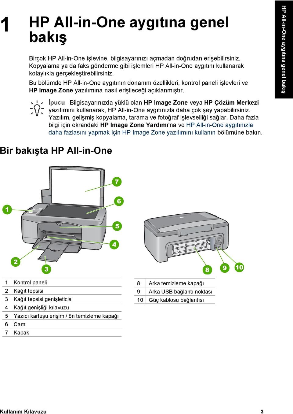 Bu bölümde HP All-in-One aygıtının donanım özellikleri, kontrol paneli işlevleri ve HP Image Zone yazılımına nasıl erişileceği açıklanmıştır.
