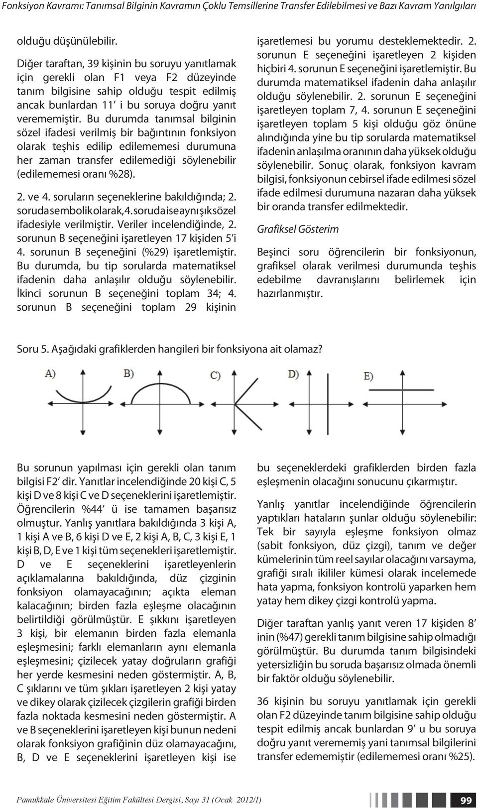 Bu durumda tanımsal bilginin sözel ifadesi verilmiş bir bağıntının fonksiyon olarak teşhis edilip edilememesi durumuna her zaman transfer edilemediği söylenebilir (edilememesi oranı %28). 2. ve 4.