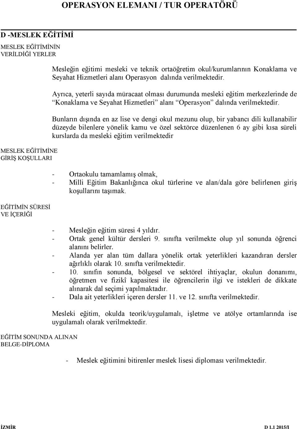 Ayrıca, yeterli sayıda müracaat olması durumunda mesleki eğitim merkezlerinde de Konaklama ve Seyahat Hizmetleri alanı Operasyon dalında verilmektedir.