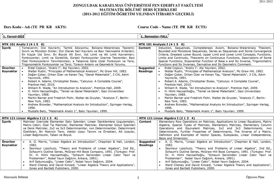 Semester-FALL MTK 101 Analiz I (4 1 5 6) MTK 101 Analysis I (4 1 5 6) İçerik Tümevarım; Dizi Kavramı; Tamlık Aksiyomu; Bolzano-Weierstrass Teoremi; Sınırlı ve Monoton Diziler; Dizi Olarak Seri