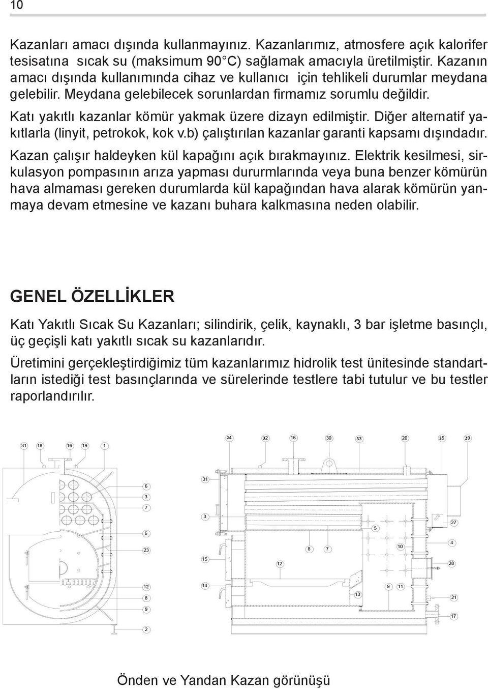 Katı yakıtlı kazanlar kömür yakmak üzere dizayn edilmiştir. Diğer alternatif yakıtlarla (linyit, petrokok, kok v.b) çalıştırılan kazanlar garanti kapsamı dışındadır.