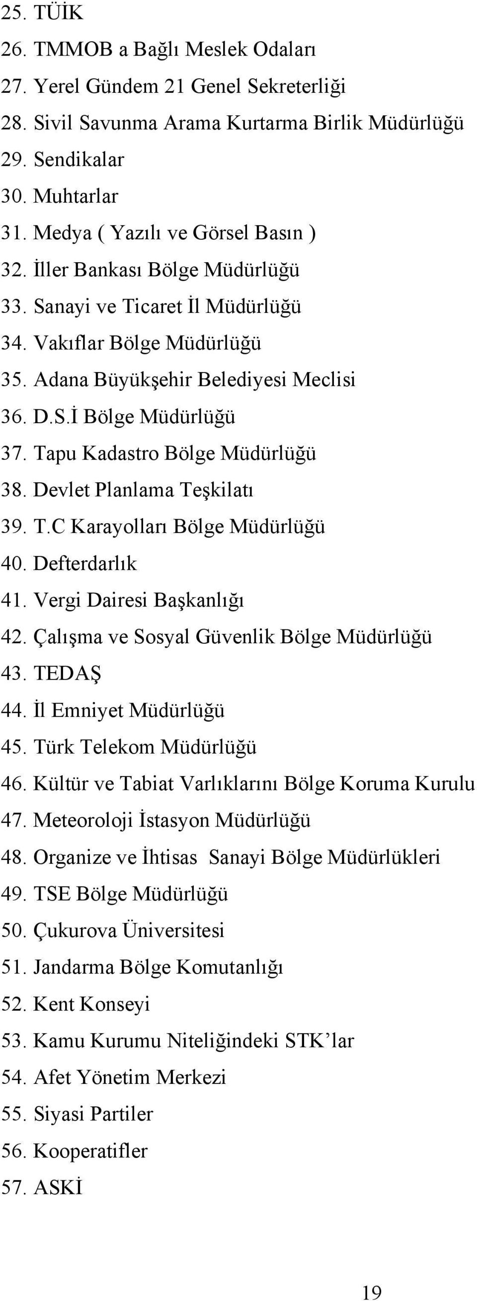 Devlet Planlama Teşkilatı 39. T.C Karayolları Bölge Müdürlüğü 40. Defterdarlık 41. Vergi Dairesi Başkanlığı 42. Çalışma ve Sosyal Güvenlik Bölge Müdürlüğü 43. TEDAŞ 44. İl Emniyet Müdürlüğü 45.