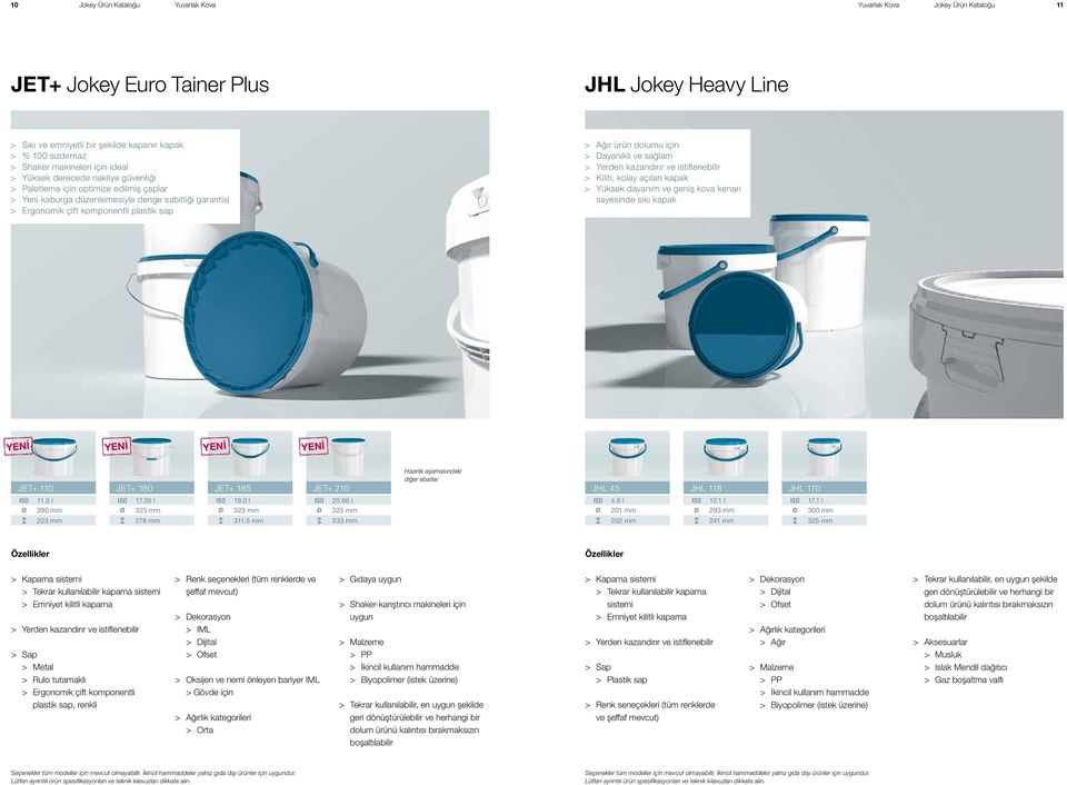 sağlam > Kiliti, kolay açılan kapak > Yüksek dayanım ve geniş kova kenarı sayesinde sıkı kapak Hazırlık aşamasındaki diğer ebatlar JET+ 110 JET+ 180 JET+ 185 JET+ 210 JHL 45 JHL 118 JHL 170 ISO 11.