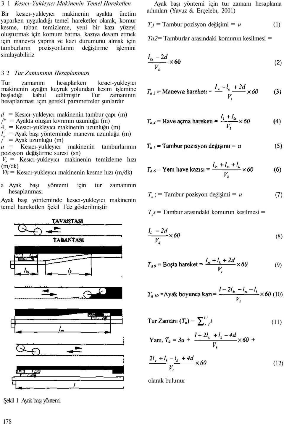 hesaplarken kesıcı-yukleyıcı makinenin ayağın kuyruk yolundan kesim işlemine başladığı kabul edilmiştir Tur zamanının hesaplanması ıçm gerekli parametreler şunlardır Ayak başı yöntemi için tur zamanı