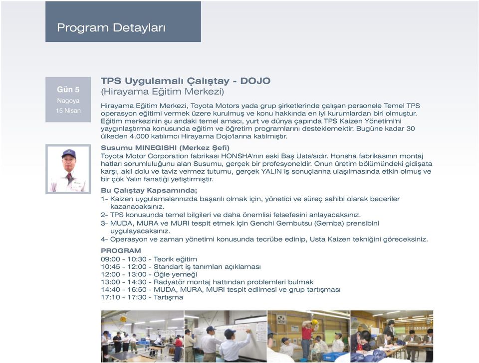 Eğitim merkezinin şu andaki temel amacı, yurt ve dünya çapında TPS Kaizen Yönetimi'ni yaygınlaştırma konusunda eğitim ve öğretim programlarını desteklemektir. Bugüne kadar 30 ülkeden 4.