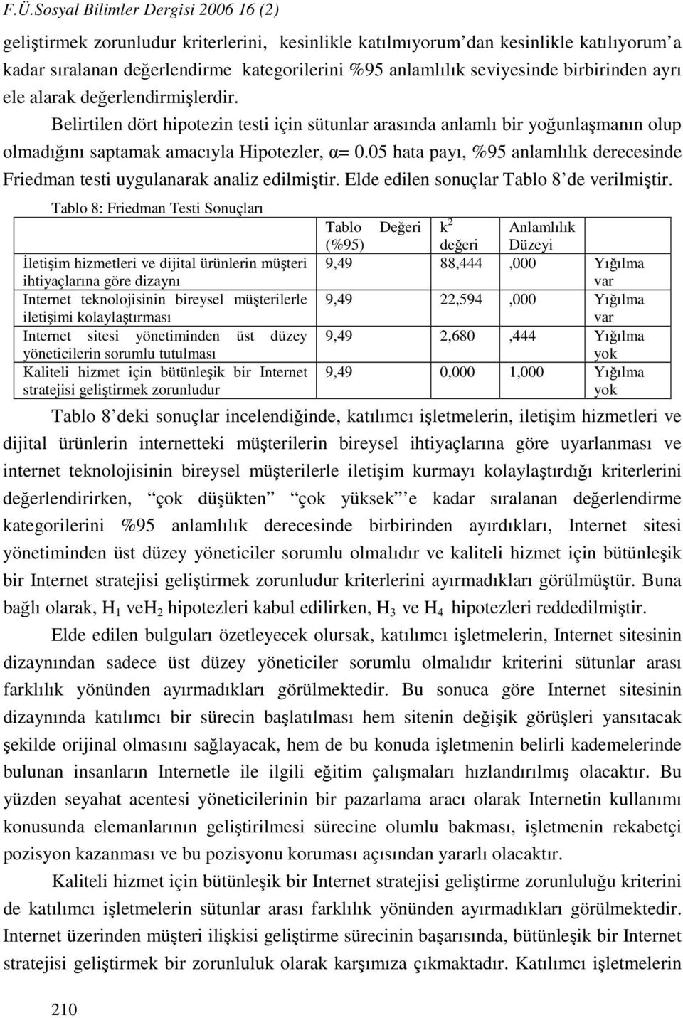 05 hata payı, %95 anlamlılık derecesinde Friedman testi uygulanarak analiz edilmiştir. Elde edilen sonuçlar Tablo 8 de verilmiştir.