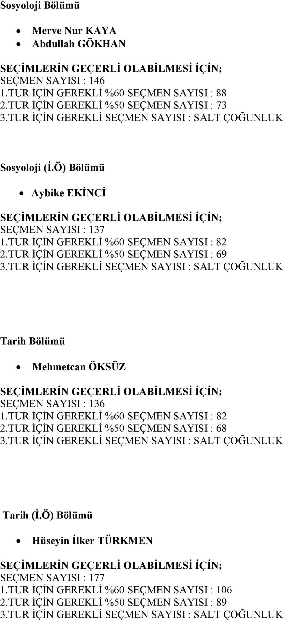 TUR İÇİN GEREKLİ %50 SEÇMEN SAYISI : 69 Tarih Bölümü Mehmetcan ÖKSÜZ SEÇMEN SAYISI : 136 1.TUR İÇİN GEREKLİ %60 SEÇMEN SAYISI : 82 2.