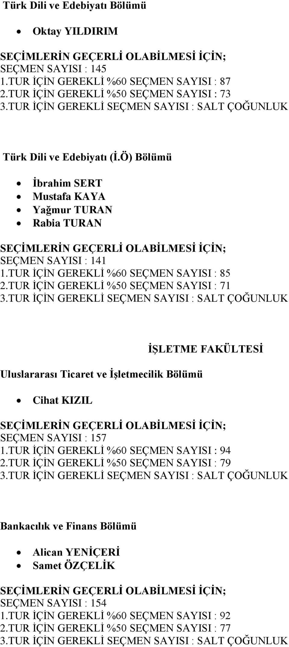 TUR İÇİN GEREKLİ %60 SEÇMEN SAYISI : 85 2.