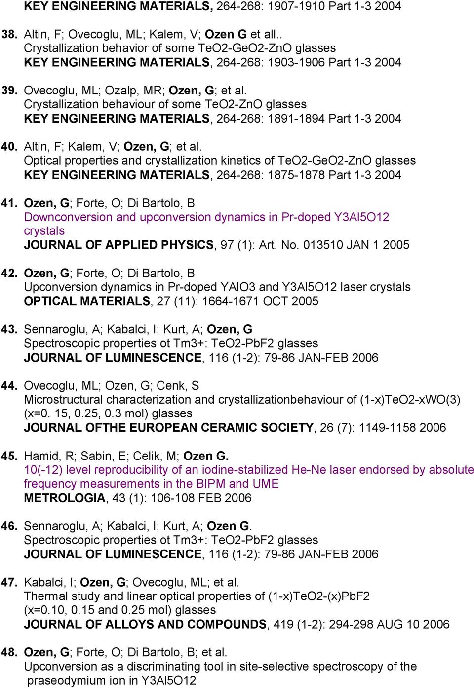 Crystallization behaviour of some TeO2-ZnO glasses KEY ENGINEERING MATERIALS, 264-268: 1891-1894 Part 1-3 2004 40. Altin, F; Kalem, V; Ozen, G; et al.