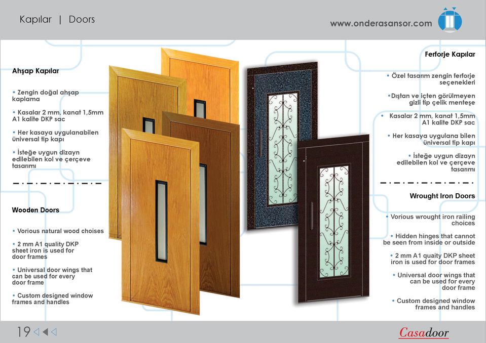 tasarımı Özel tasarım zengin ferforje seçenekleri Dıştan ve içten görülmeyen gizli tip çelik menteşe Kasalar 2 mm, kanat 1,5mm A1 kalite DKP sac Her kasaya uygulana bilen üniversal tip kapı İsteğe