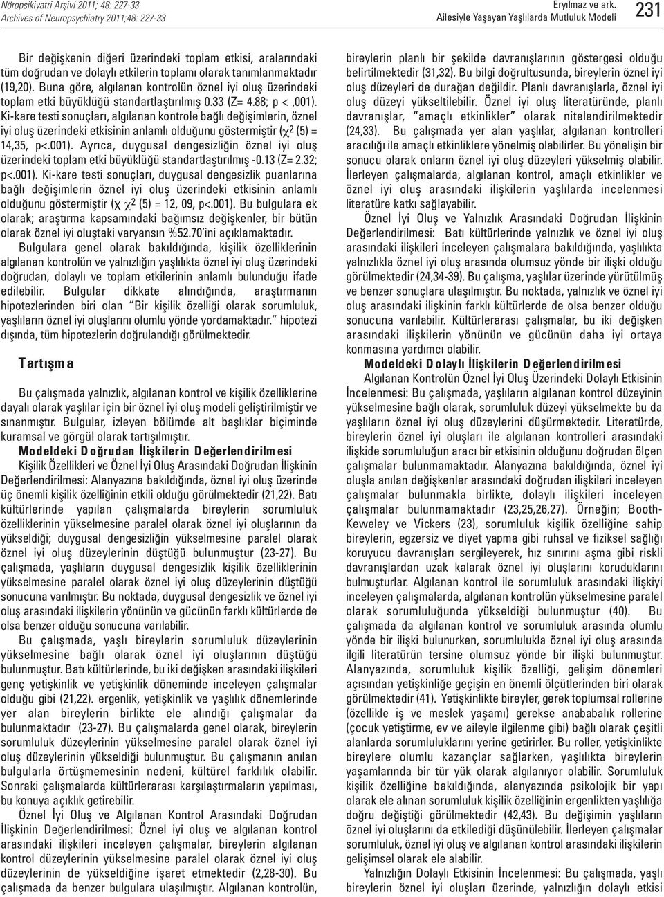 Ki-kare testi sonuçları, algılanan kontrole bağlı değişimlerin, öznel iyi oluş üzerindeki etkisinin anlamlı olduğunu göstermiştir (χ 2 (5) = 14,35, p<.001).