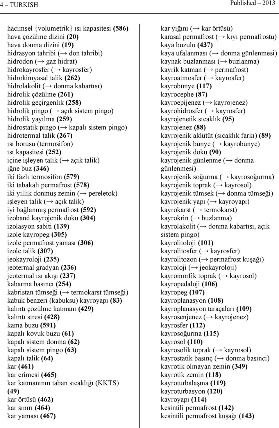 sistem pingo) hidrotermal talik (267) ısı borusu (termosifon) ısı kapasitesi (252) içine işleyen talik ( açık talik) iğne buz (346) iki fazlı termosifon (579) iki tabakalı permafrost (578) iki yıllık