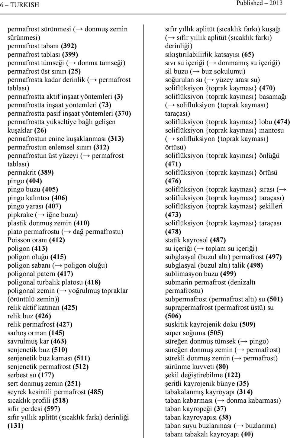 kuşaklar (26) permafrostun enine kuşaklanması (313) permafrostun enlemsel sınırı (312) permafrostun üst yüzeyi ( permafrost tablası) permakrit (389) pingo (404) pingo buzu (405) pingo kalıntısı (406)