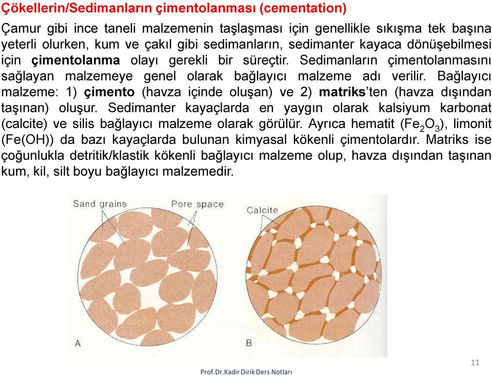 Bağlayıcı malzeme: 1) çimento (havza içinde oluşan) ve 2) matriks ten (havza dışından taşınan) oluşur.