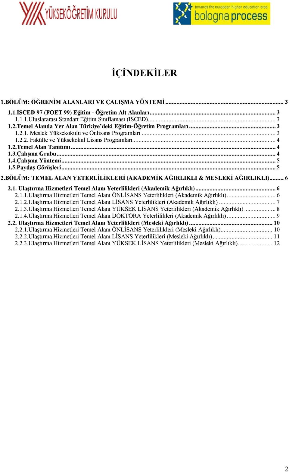 .. 4 1.3.Çalışma Grubu... 4 1.4.Çalışma Yöntemi... 5 1.5.Paydaş Görüşleri... 5 2.BÖLÜM: TEMEL ALAN YETERLİLİKLERİ (AKADEMİK AĞIRLIKLI & MESLEKİ AĞIRLIKLI)... 6 2.1. Ulaştırma Hizmetleri Temel Alanı Yeterlilikleri (Akademik Ağırlıklı).