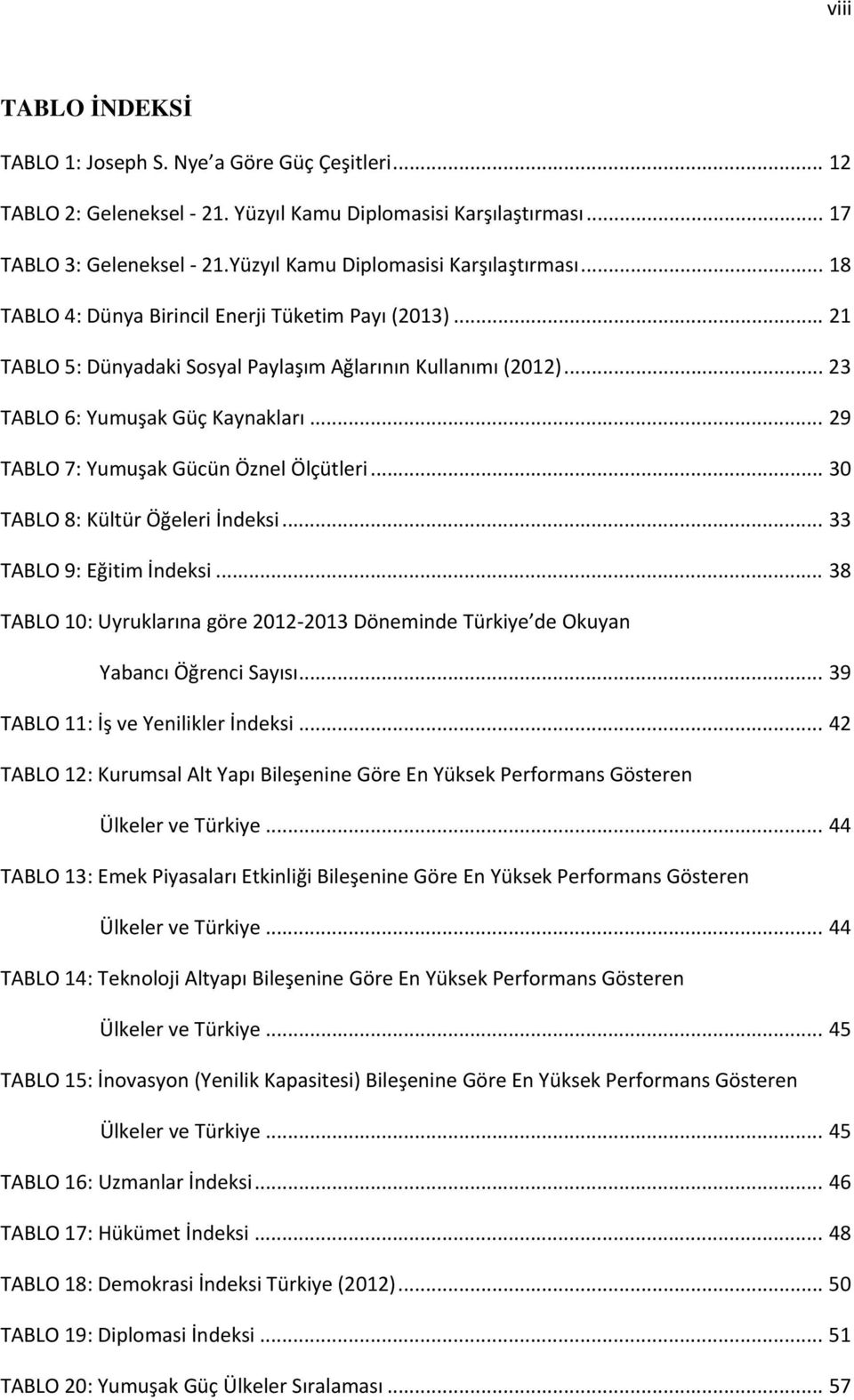 .. 23 TABLO 6: Yumuşak Güç Kaynakları... 29 TABLO 7: Yumuşak Gücün Öznel Ölçütleri... 30 TABLO 8: Kültür Öğeleri İndeksi... 33 TABLO 9: Eğitim İndeksi.