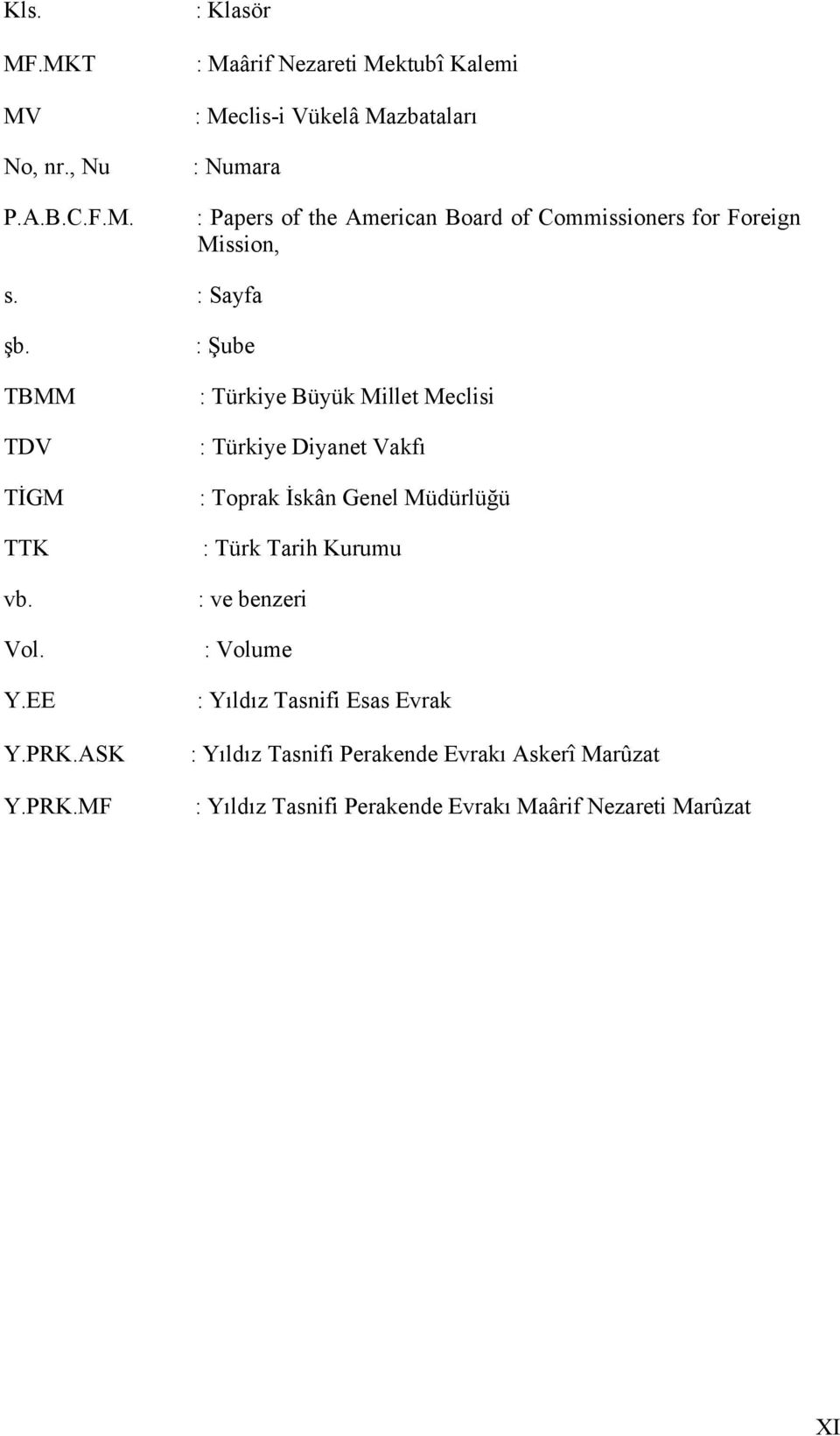 American Board of Commissioners for Foreign Mission, s. : Sayfa şb. TBMM TDV TİGM TTK vb. Vol. Y.EE Y.PRK.