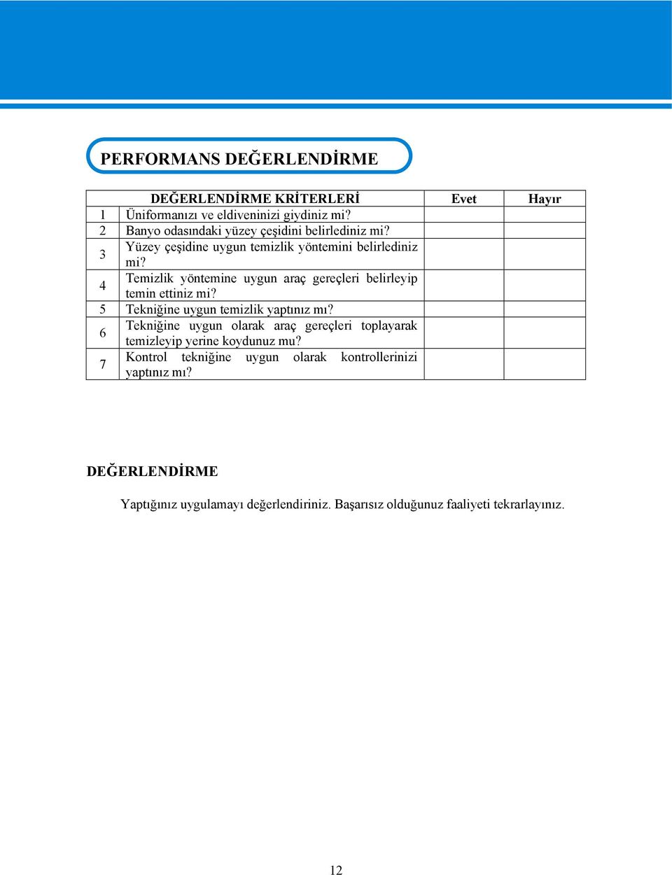 4 Temizlik yöntemine uygun araç gereçleri belirleyip temin ettiniz mi? 5 Tekniğine uygun temizlik yaptınız mı?