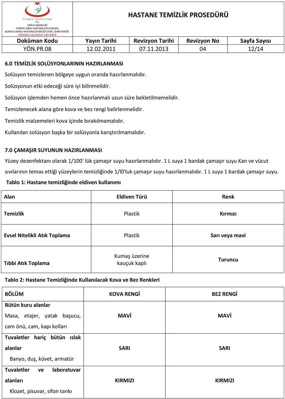 Kullanılan solüsyon başka bir solüsyonla karıştırılmamalıdır. 7.0 ÇAMAŞIR SUYUNUN HAZIRLANMASI Yüzey dezenfektanı olarak 1/100' lük çamaşır suyu hazırlanmalıdır.